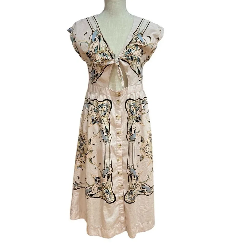 Free People Linvilla Beige Poplin Printed Midi Dress Size 6
